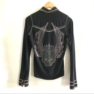 Miss Me Black Cotton Shirt Size S- Fringe, Pink Snap Buttons, Rhinestone Skull